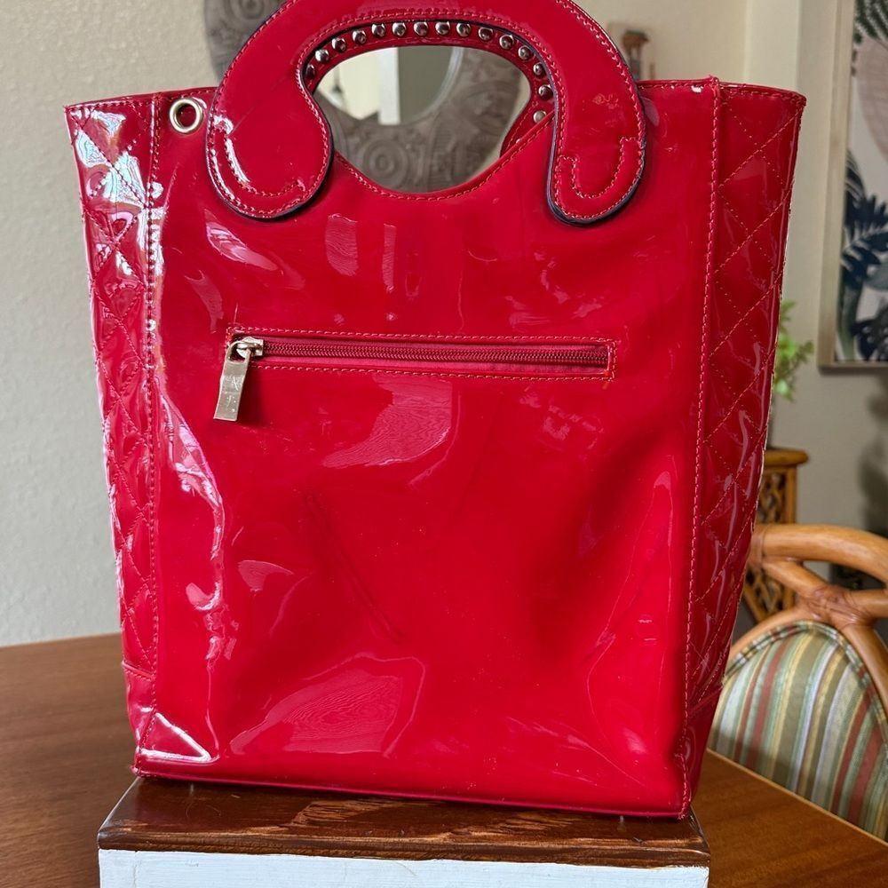 Question Mark ? Handbag Red With Studded Rhinestone Detail Quilted Stitching - Picture 6 of 16